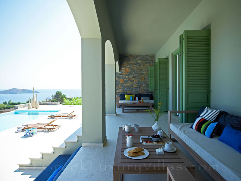 Dining with seaview at a big luxury villa in Elounda, Crete