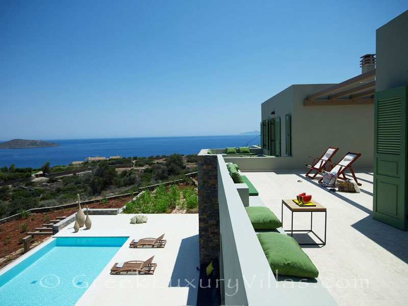 Rooftop terrace of a big luxury villa in Elounda, Crete