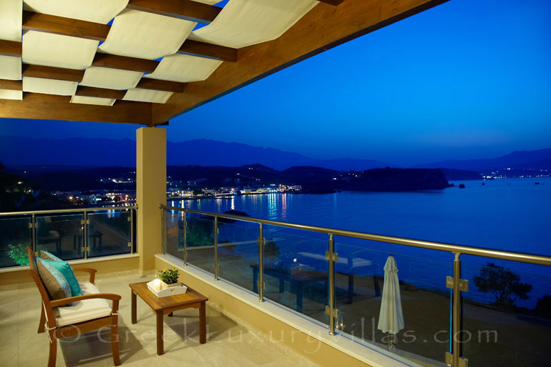 Balcony ocean view of traditional cretan style seafront villa in Almyrida Crete