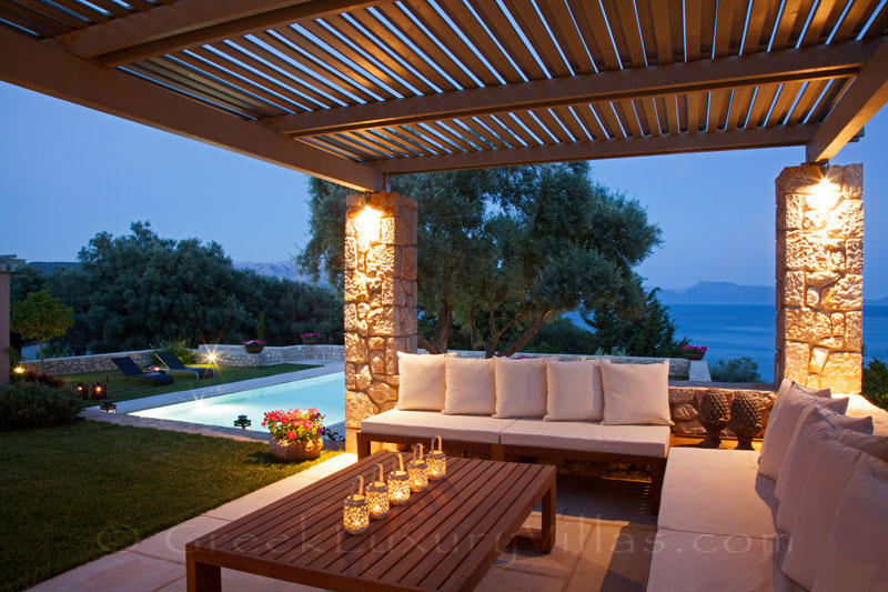 A lounge with seaview at a modern luxury villa with a pool in Lefkas