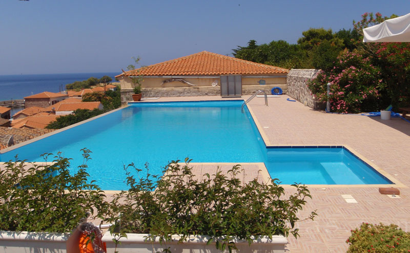 Pool terrace of traditional villa with pool in Molivos, Lesvos