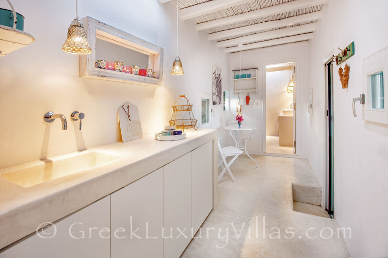 The kitchen in a luxury villa with a pool in Rhodos
