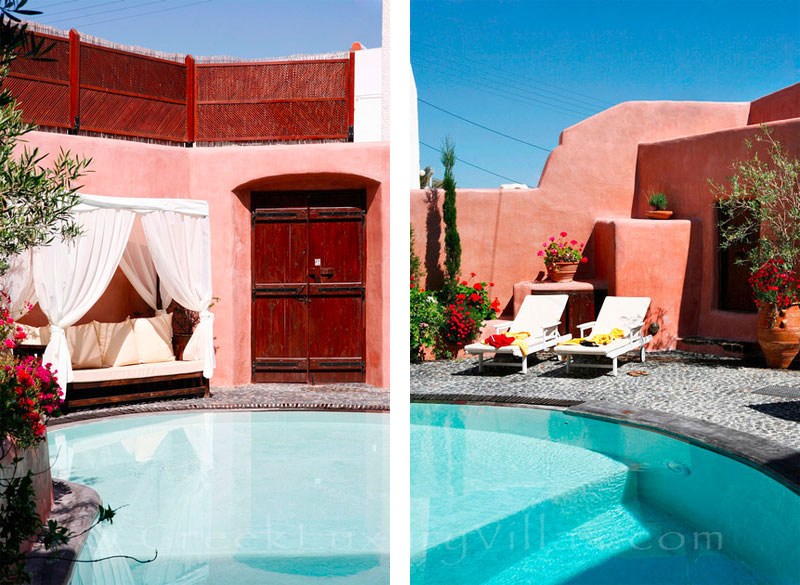 The courtyard of a traditional village house with a pool in Santorini