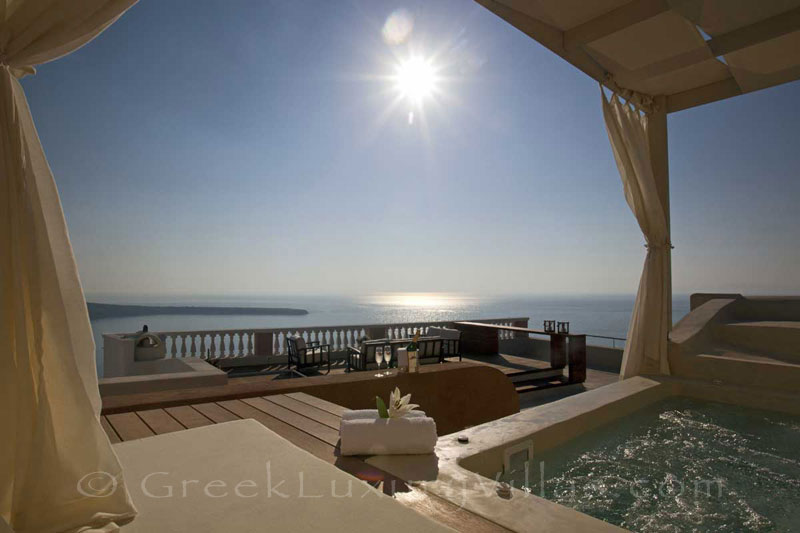 Panoramic view from the roof terrace of a luxury villa in Oia, Santorini