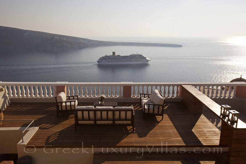 Panoramic view from the roof terrace of the luxury villa in Oia, Santorini