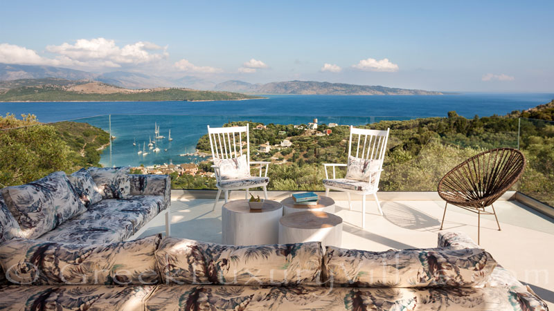 Outdoor lounge with seaview at a luxury villa in Corfu
