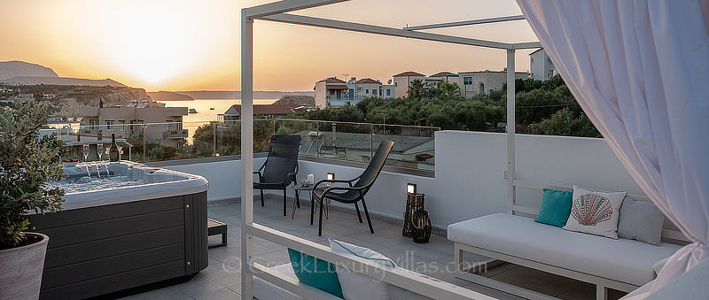 Sunset view from Jacuzzi at villa in Crete for rent