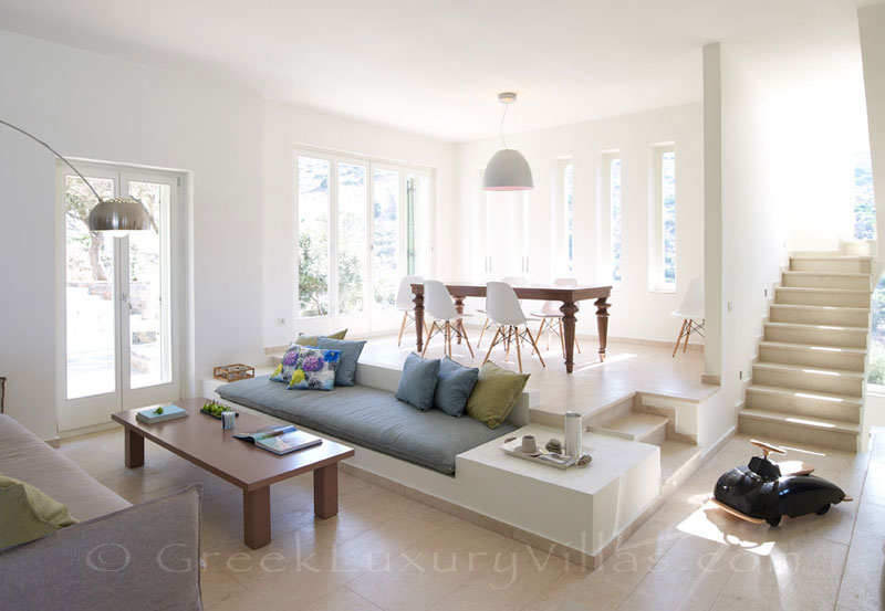 The modern interior of a big luxury villa in Elounda, Crete
