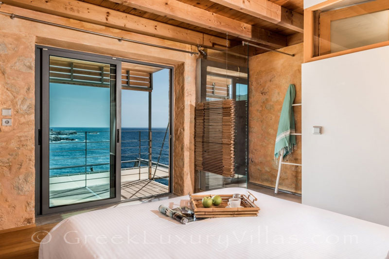 Bedroom sea view of villa with pool in Crete