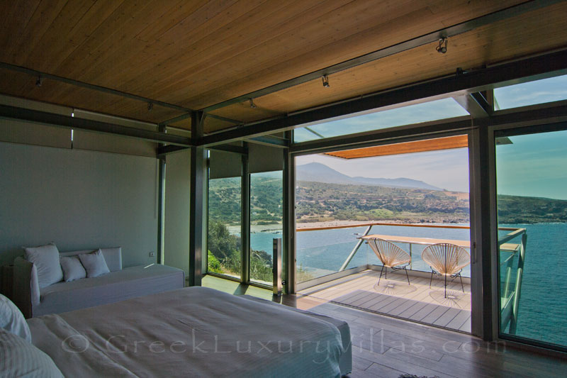 Modern villa on Crete with pool guesthouse sea view from bed