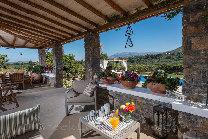 Veranda view of luxury villa with pool in Crete