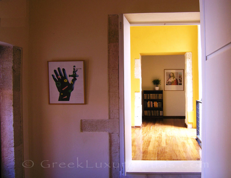 The corridor of an exclusive historic villa in a traditional village of Crete