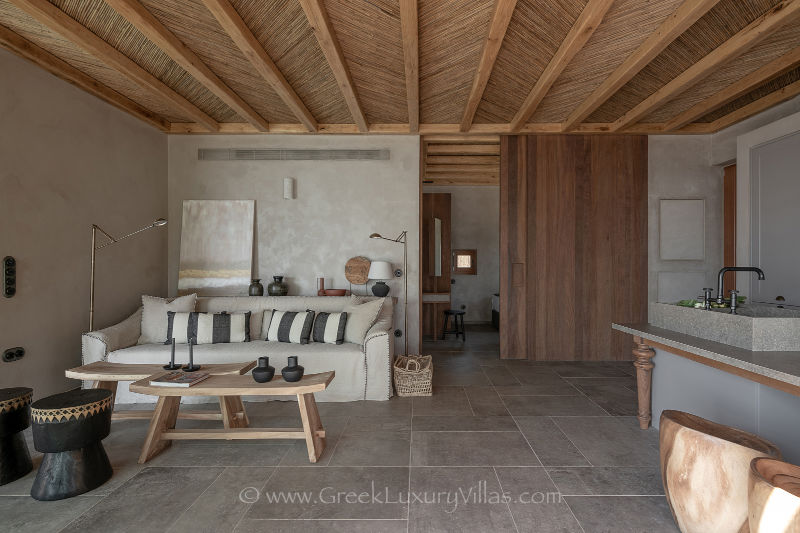 naturnahes Wohnzimmer Wohnbereich mit Meerblick Strandhaus mit Pool Kreta