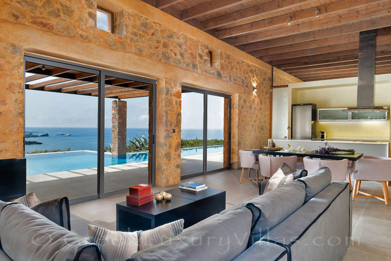 Lounge sea view of seafront villa with pool
