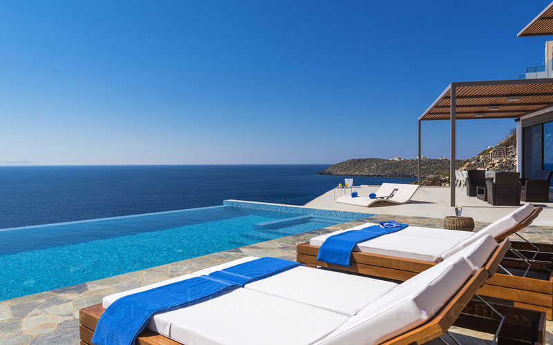 Seaview from the pool of the modern seafront luxury villa in Crete