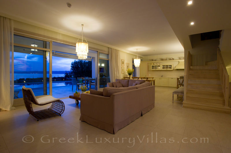 Living room sea view of island style seafront villa in Almyrida Crete