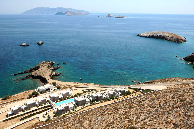 Aerial picture of seafront villas with pool in Folegandros