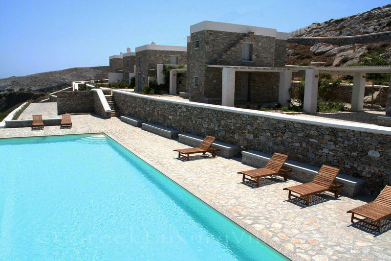 Sea view of seafront villas with pool on Folegandros