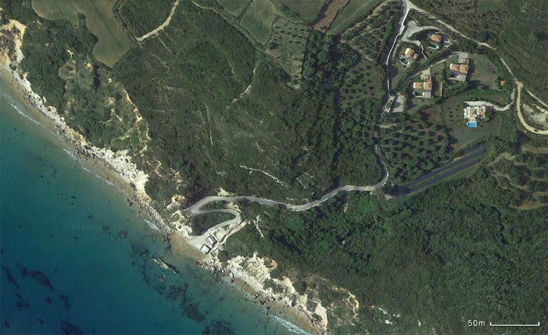 The location of the beach near the modern, two-bedroom villa in Kefalonia