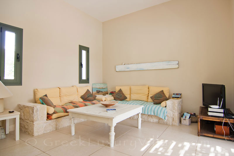 The lounge of a two bedroom modern villa near the beach in Kefalonia