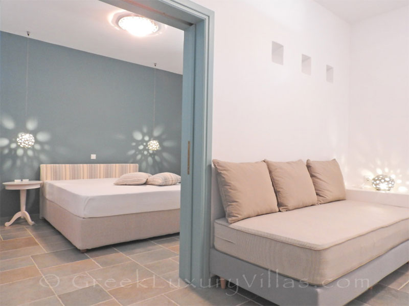 Double bedroom of luxury villa with pool in Koufonisi
