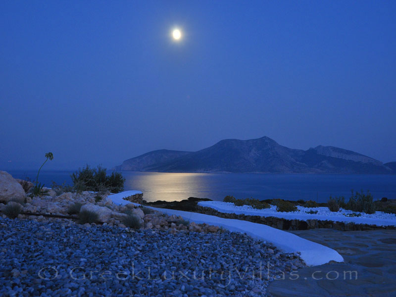 Moon rise of luxury villa with pool in Koufonisi