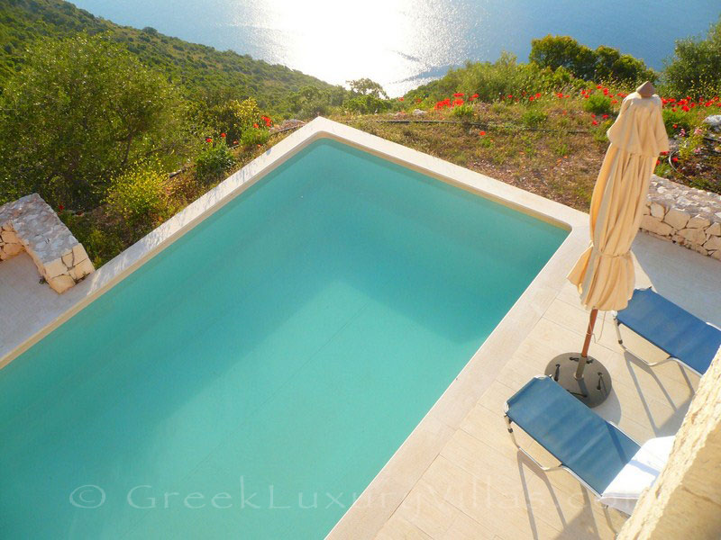 The seafront from a luxury villa with a pool in Lefkas which sleeps six people