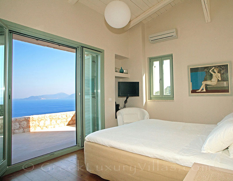 A bedroom with fantastic sea view in a luxury villa with a pool in Lefkada