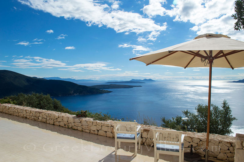 Ocean view from the terrace of a bedroom of a villa with seaview and a pool in Lefkada
