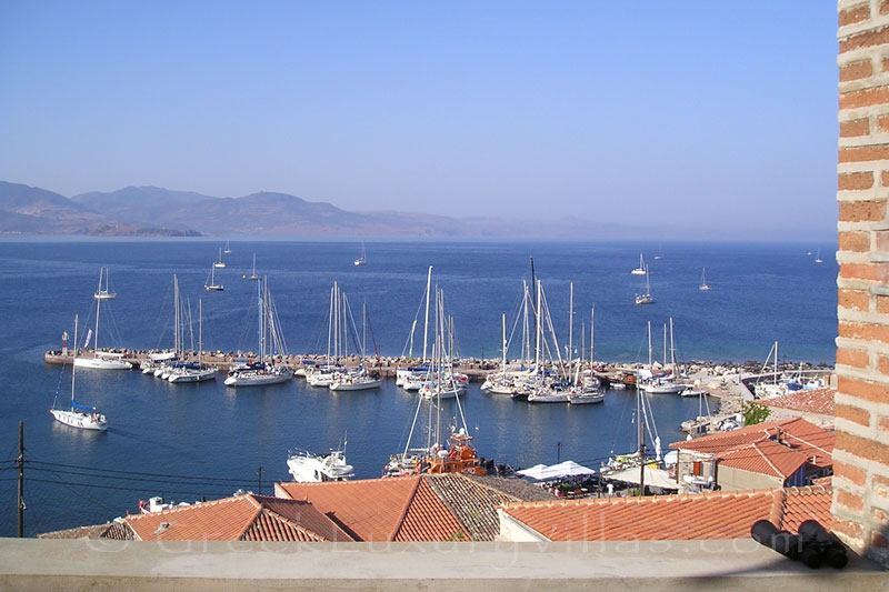 View to Marina from traditional villa with pool in Molivos