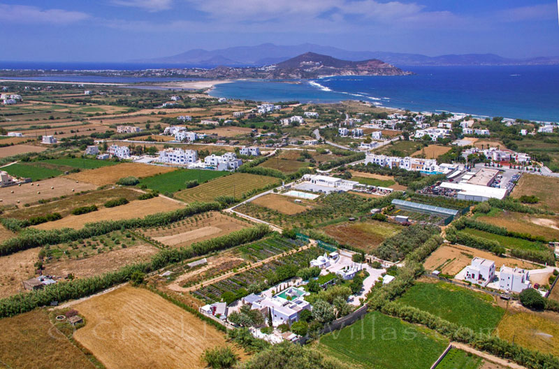 Aerial photo of a luxury villa with a pool in Naxos