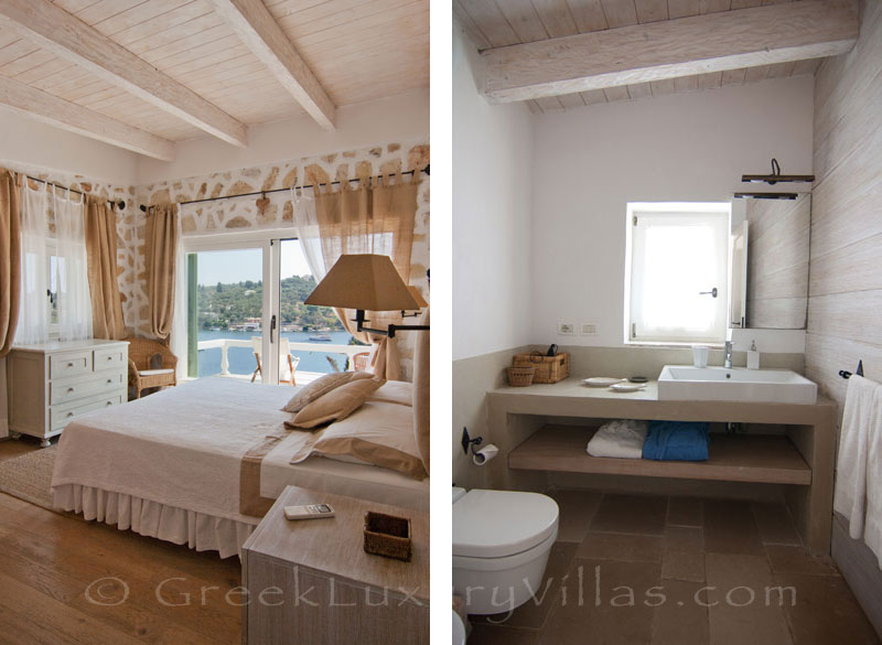 A bedroom with seaview in a luxury villa with a pool in Paxos