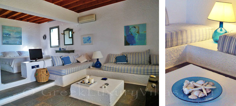 Open plan bedroom in the beach bungalows in Peloponnese