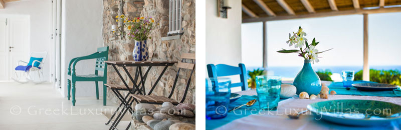 The dining area of a luxury villa with a pool in Rhodes