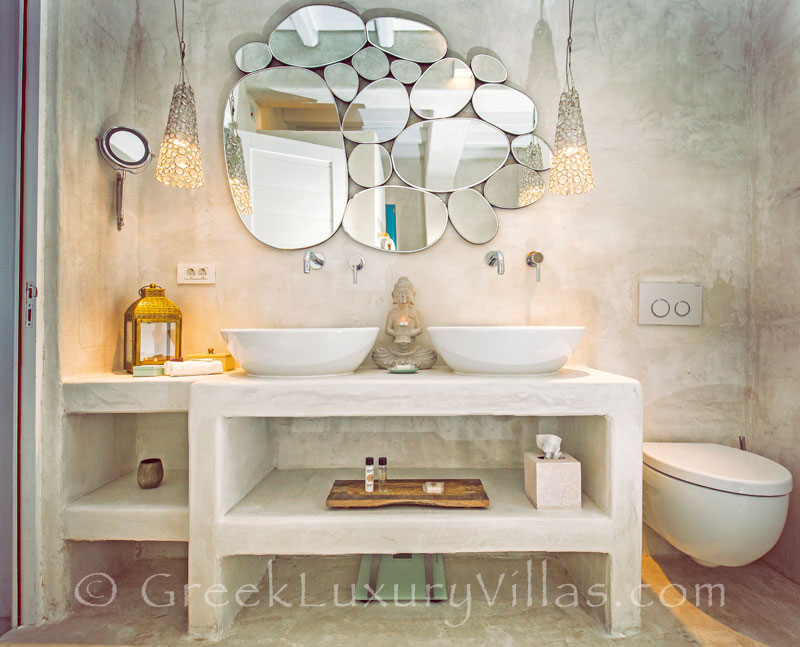 A bathroom in the luxury villa with a pool in Rhodes