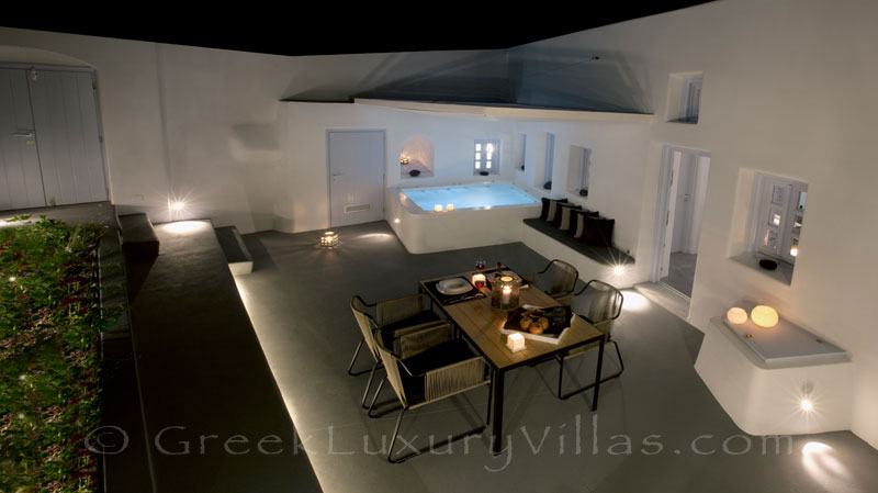 A night view of the contemporary luxury villa in Santorini