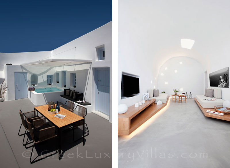 The white interior of a contemorary luxury villa with a jacuzzi in Santorini