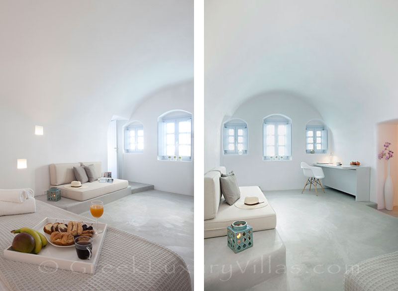 The large double bed in a contemporary luxury villa in Santorini