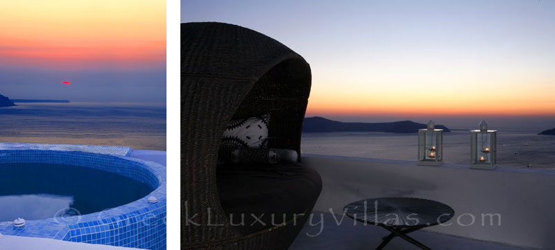 The sunset view from the rooftop jacuzzi of a luxury villa in Fira, Santorini