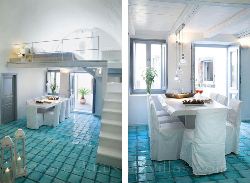 A bright open plan living-room area of a luxury villa in Fira, Santorini