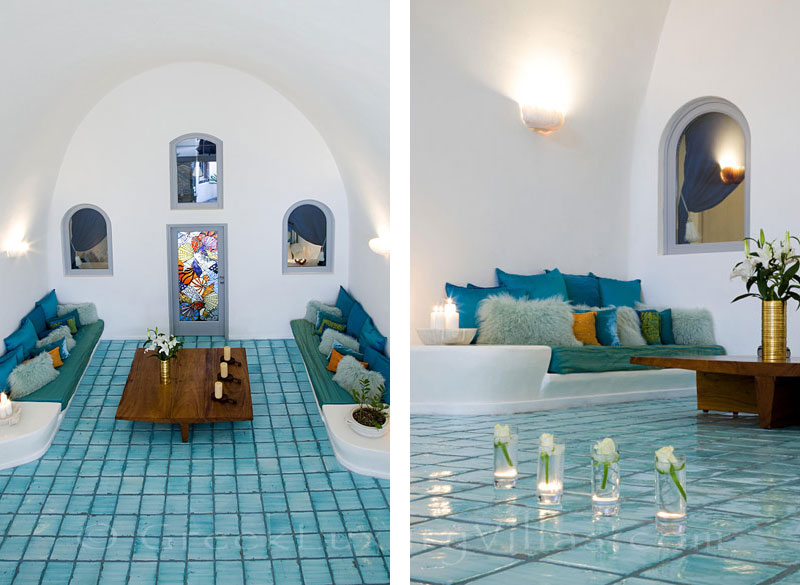 The bright open plan living-room area of a luxury villa in Fira, Santorini