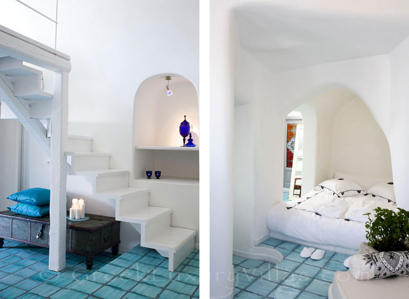 The open plan living-room area with daylight in a luxury villa in Fira, Santorini