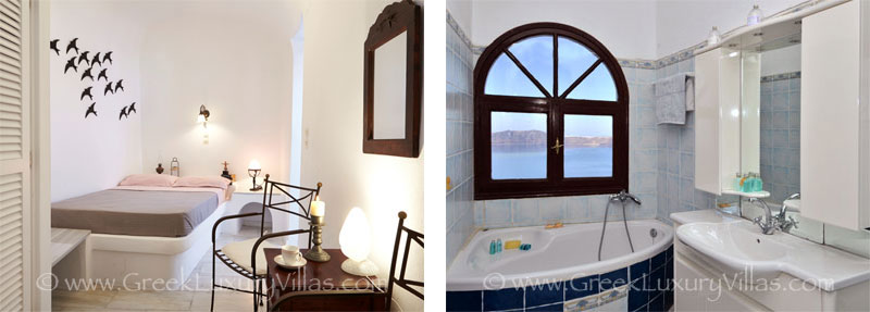 A bedroom of a large villa with a pool on the cliff of Santorini