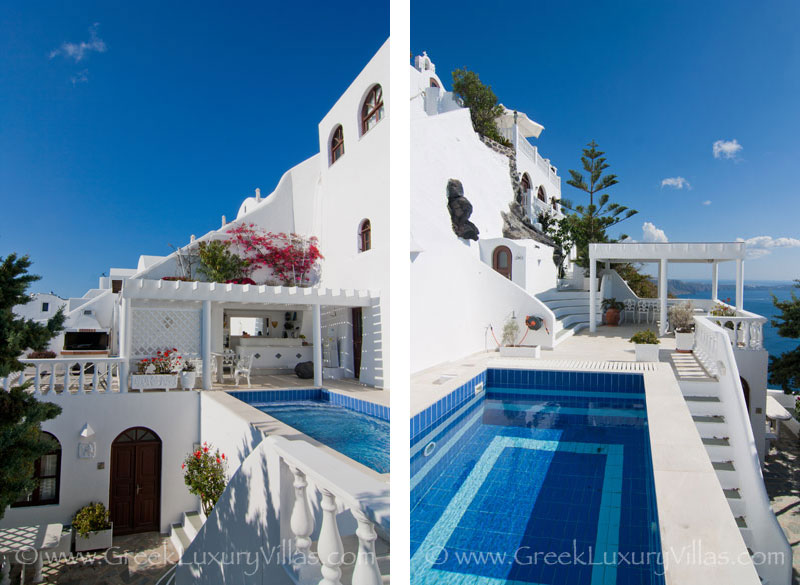 An impressive villa with a pool on the edge of the cliff in Santorini