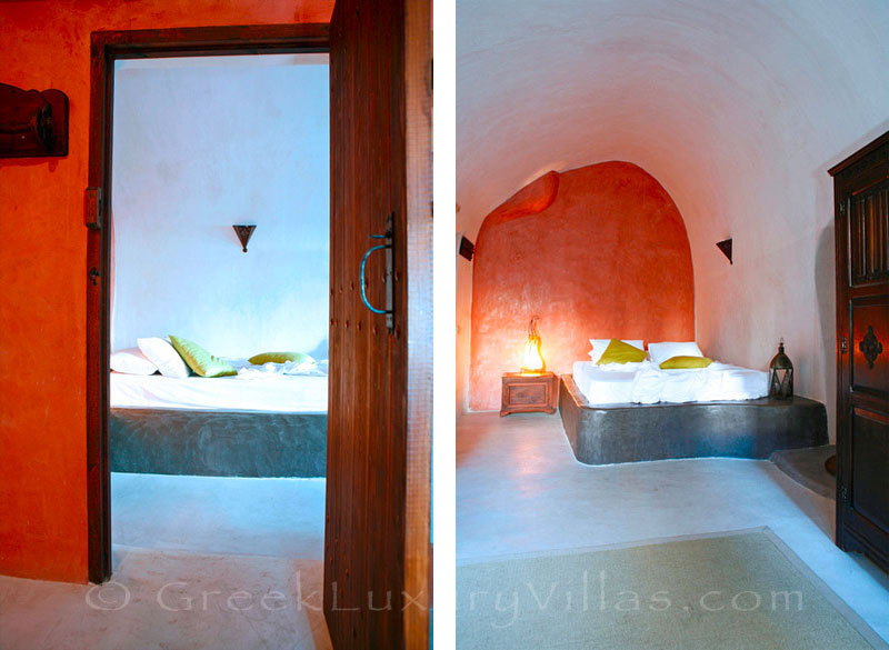 The romantic bedroom in a stone house villa for two in Santorini