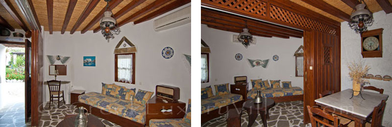 A living-room of the windmill with a garden near the beach in Skyros