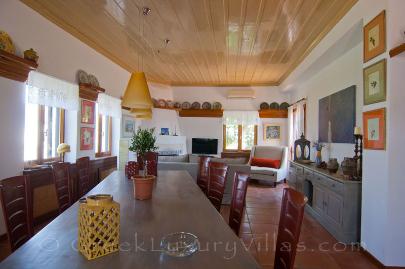 Dining area of absolute beachfront villa on Skyros