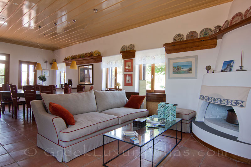 Living room of beachfront villa in Skyros