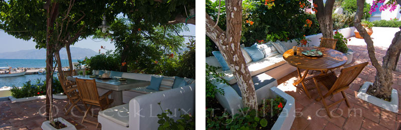 Shaded outdoor dining area of beachfront villa in Skyros