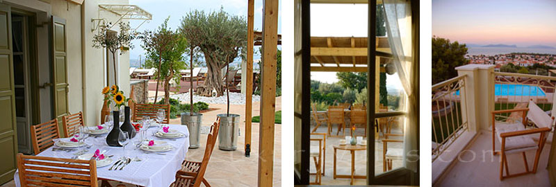 The outdoor dining area of a luxury villa with a pool in Spetses